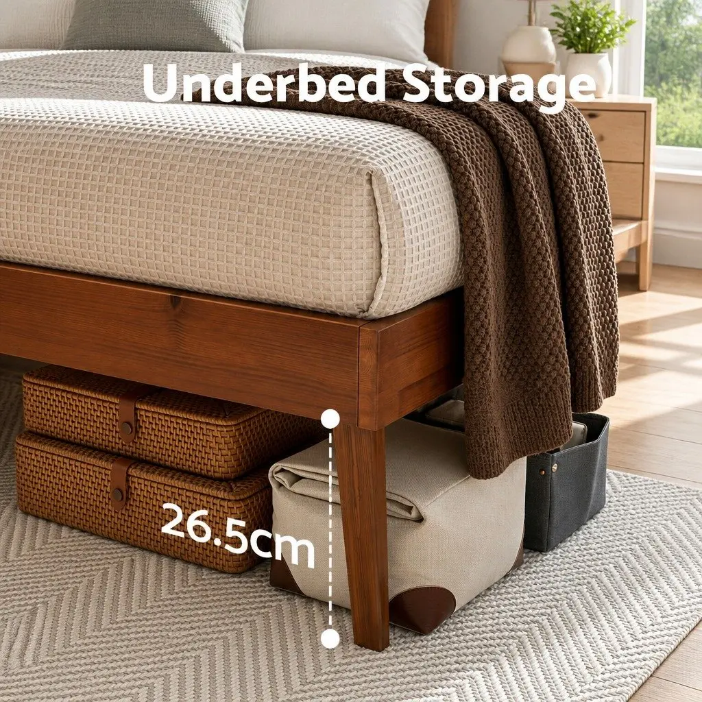 Walnut Queen Size Pinewood Bed Frame with Slatted Base