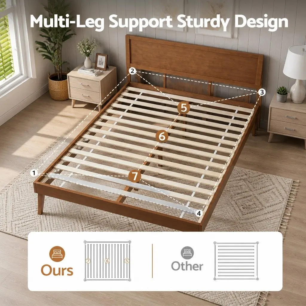 Walnut Queen Size Pinewood Bed Frame with Slatted Base