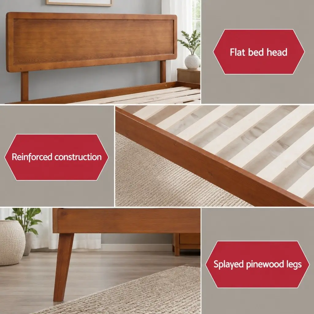 Walnut Queen Size Pinewood Bed Frame with Slatted Base