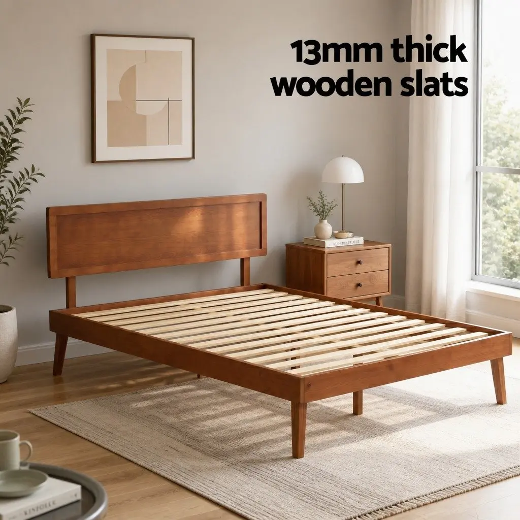 Walnut Queen Size Pinewood Bed Frame with Slatted Base