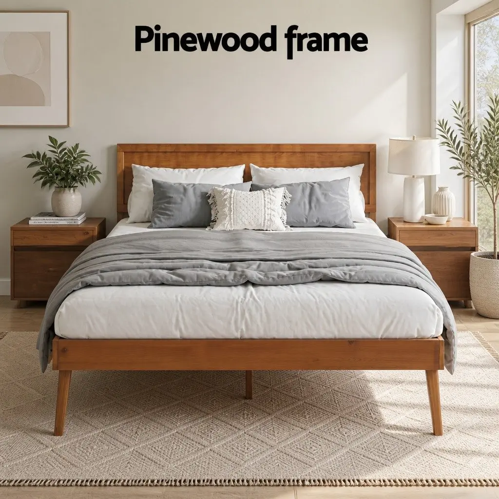 Walnut Queen Size Pinewood Bed Frame with Slatted Base