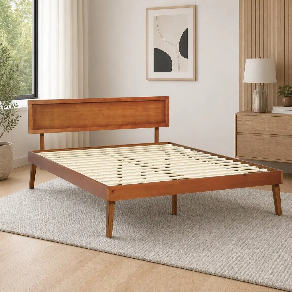 Walnut Queen Size Pinewood Bed Frame with Slatted Base