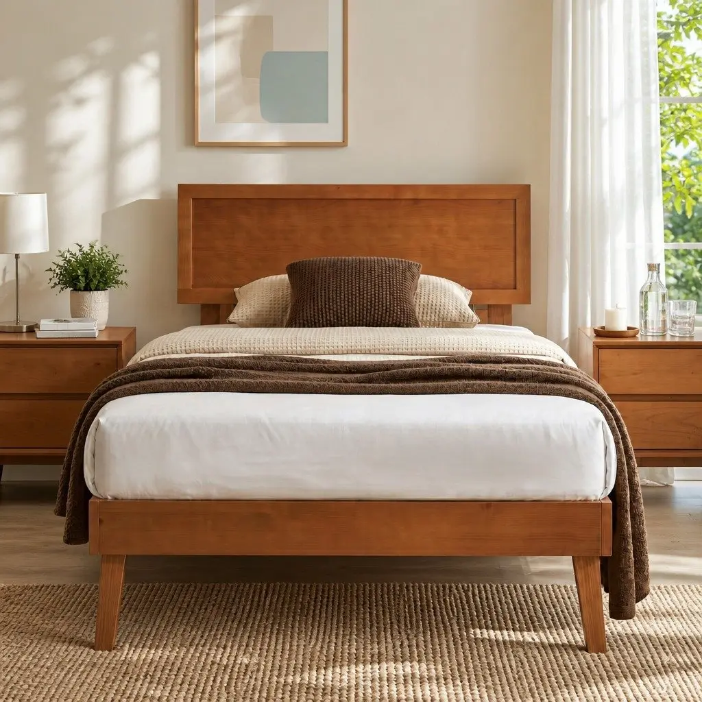 Walnut Wooden Single Bed Frame with Slatted Base