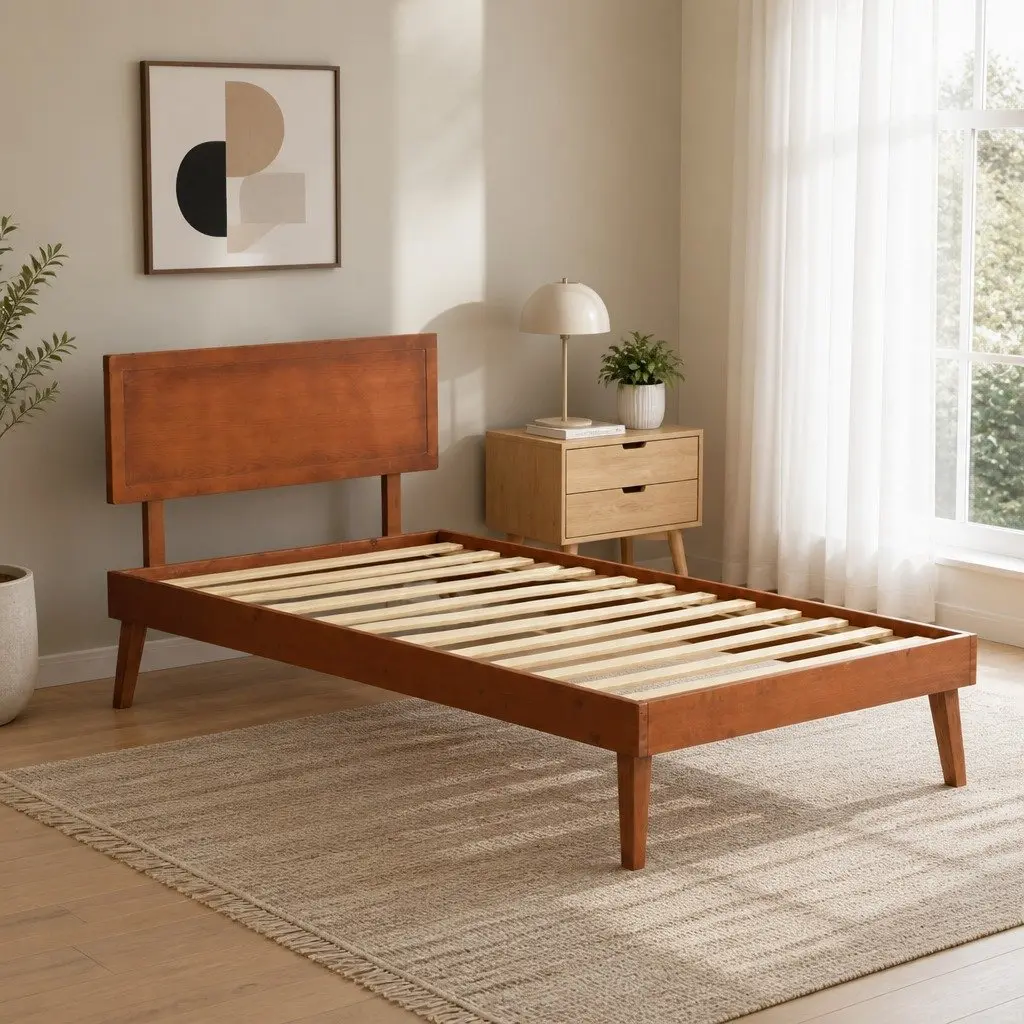 Walnut Wooden Single Bed Frame with Slatted Base