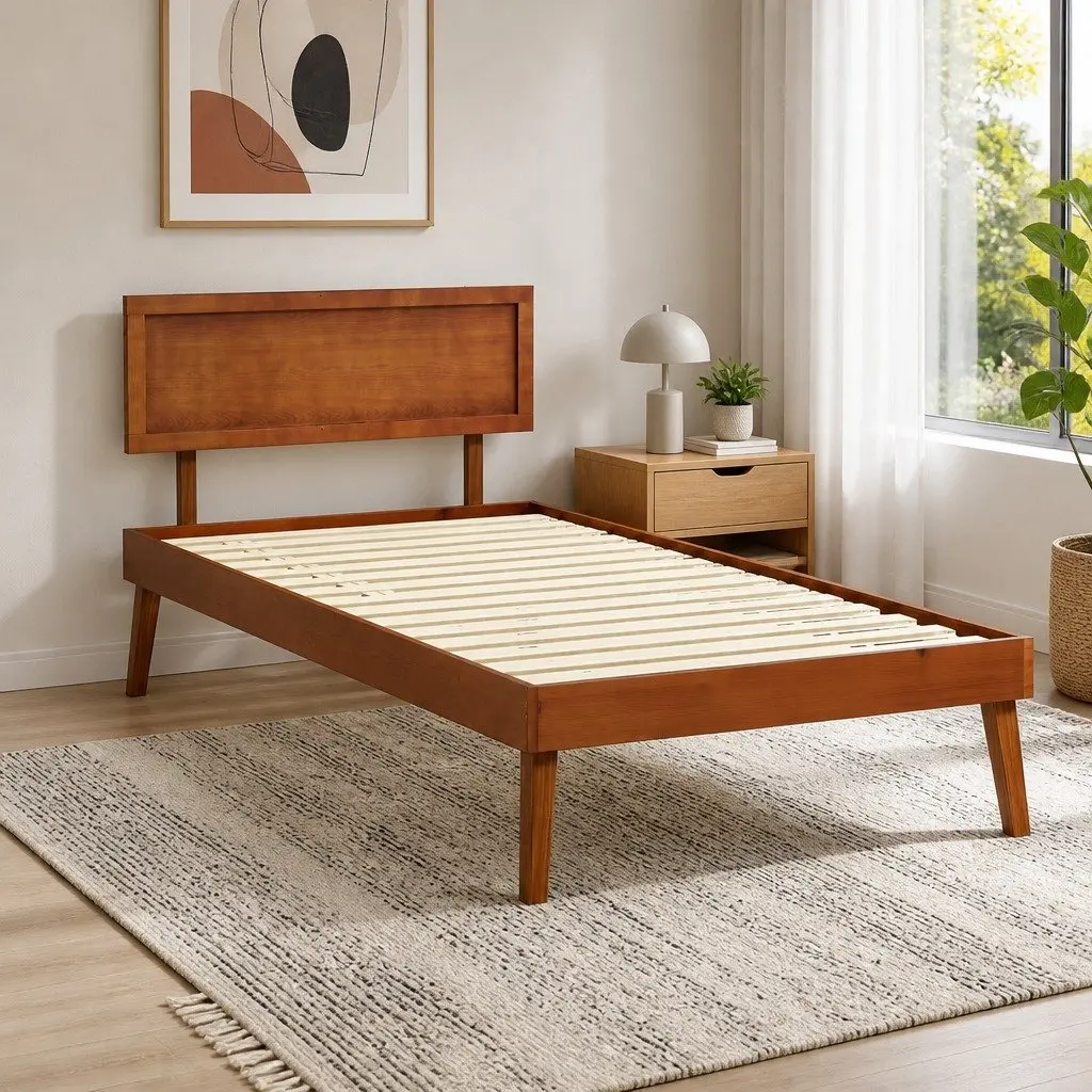 Walnut Wooden Single Bed Frame with Slatted Base