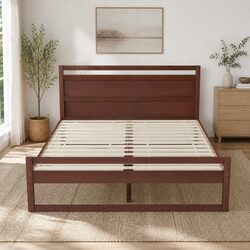 Double Bed Frame Wooden Walnut Flat Head Slatted Base Solid Pinewood