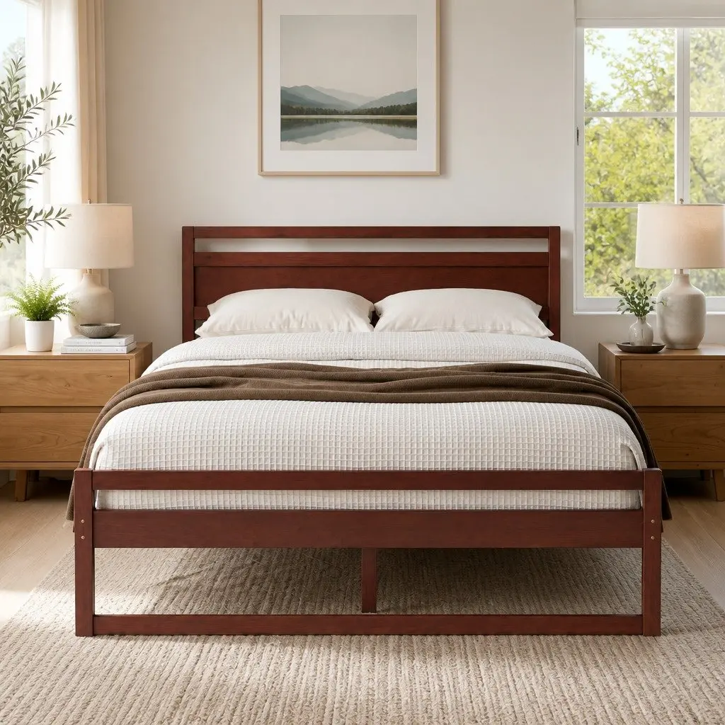 Walnut Queen Bed Frame with Wooden Slats