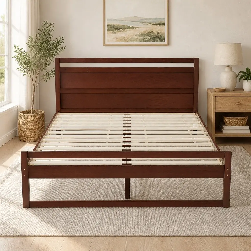 Walnut Queen Bed Frame with Wooden Slats