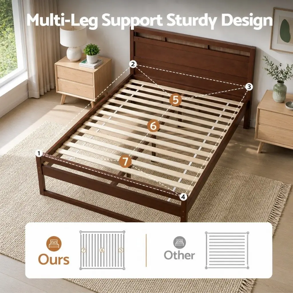 Walnut Queen Bed Frame with Wooden Slats