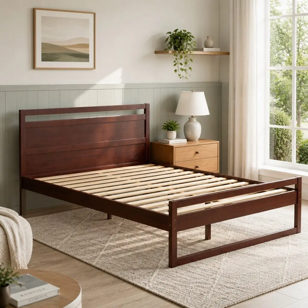 Walnut Queen Bed Frame with Wooden Slats