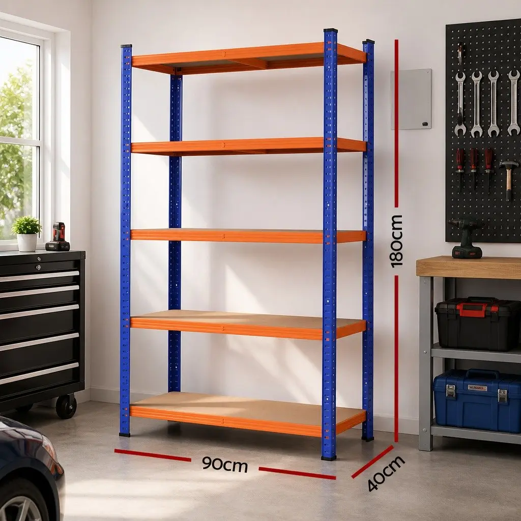 5-Tier Heavy Duty Garage Storage Rack Powder-Coated Steel Frame MDF Shelving Unit 90 x 40 x 180cm
