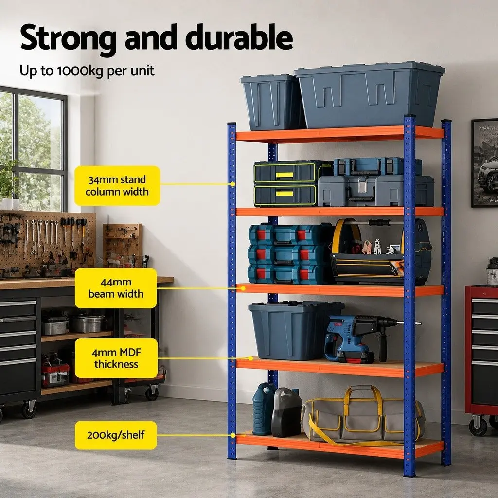 5-Tier Heavy Duty Garage Storage Rack Powder-Coated Steel Frame MDF Shelving Unit 90 x 40 x 180cm