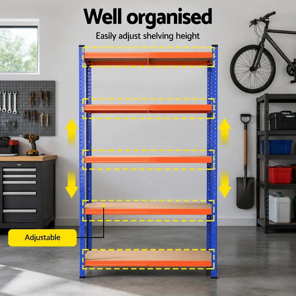 5-Tier Heavy Duty Garage Storage Rack Powder-Coated Steel Frame MDF Shelving Unit 90 x 40 x 180cm