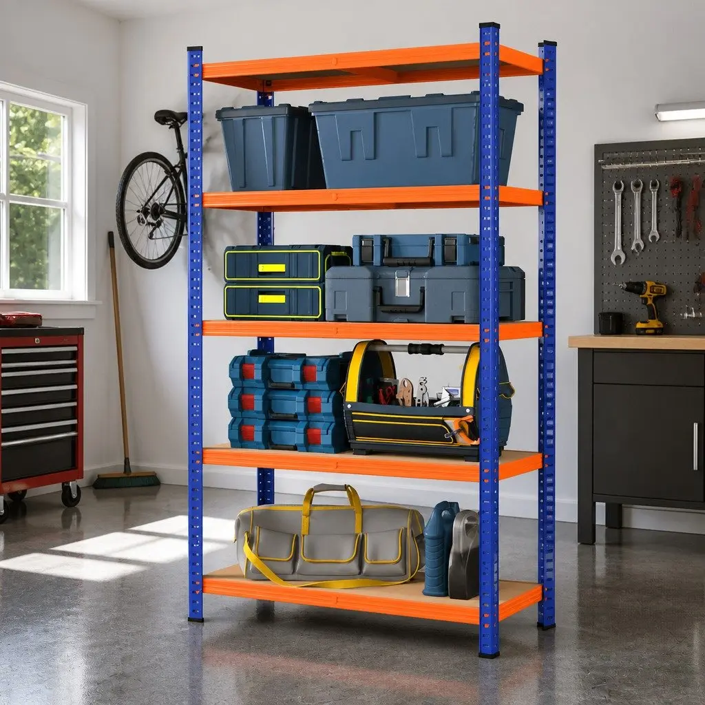 5-Tier Heavy Duty Garage Storage Rack Powder-Coated Steel Frame MDF Shelving Unit 90 x 40 x 180cm