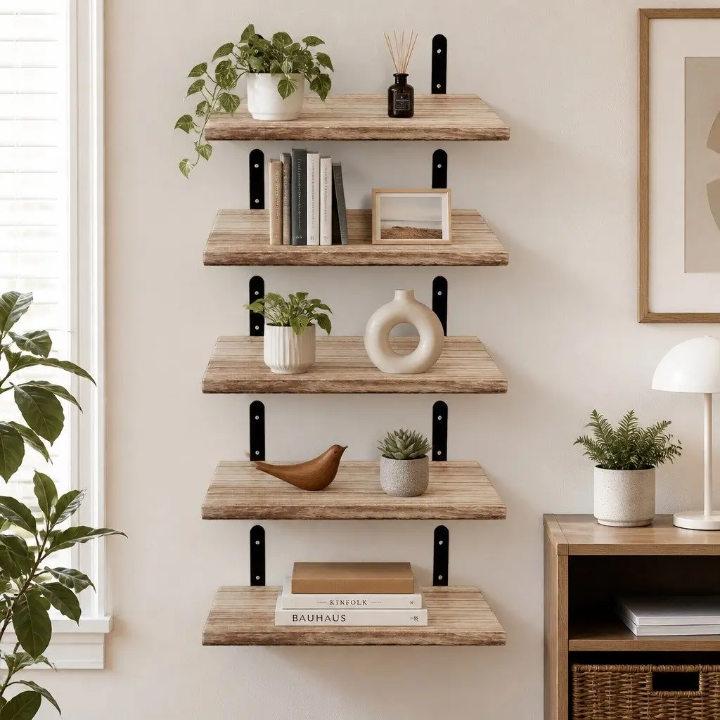 Floating Wall Shelves Rustic Brown 5 Piece Wood Wall Mounted Storage Display Rack