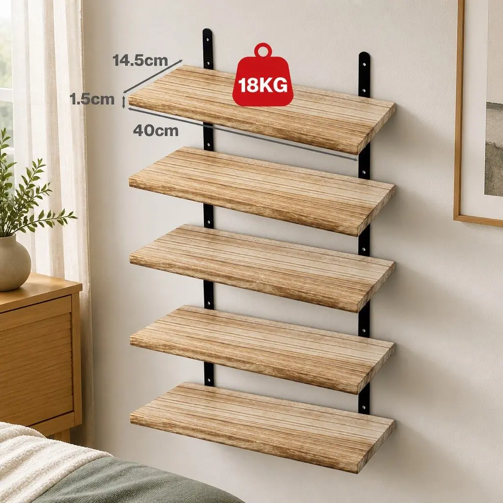 Floating Wall Shelves Rustic Brown 5 Piece Wood Wall Mounted Storage Display Rack