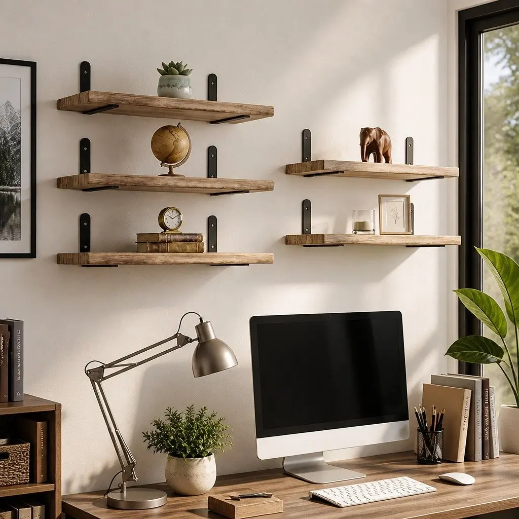 Floating Wall Shelves Rustic Brown 5 Piece Wood Wall Mounted Storage Display Rack