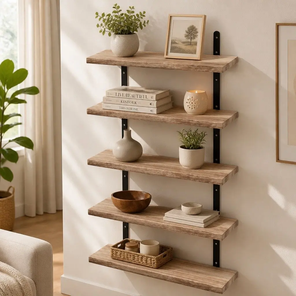 Floating Wall Shelves Rustic Brown 5 Piece Wood Wall Mounted Storage Display Rack