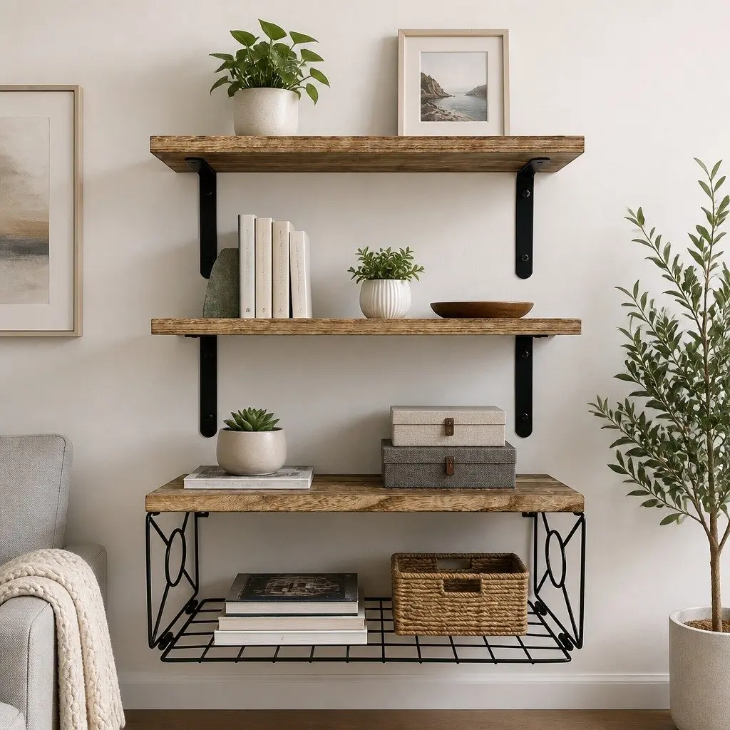3-Piece Floating Wall Shelf Set with Storage Basket