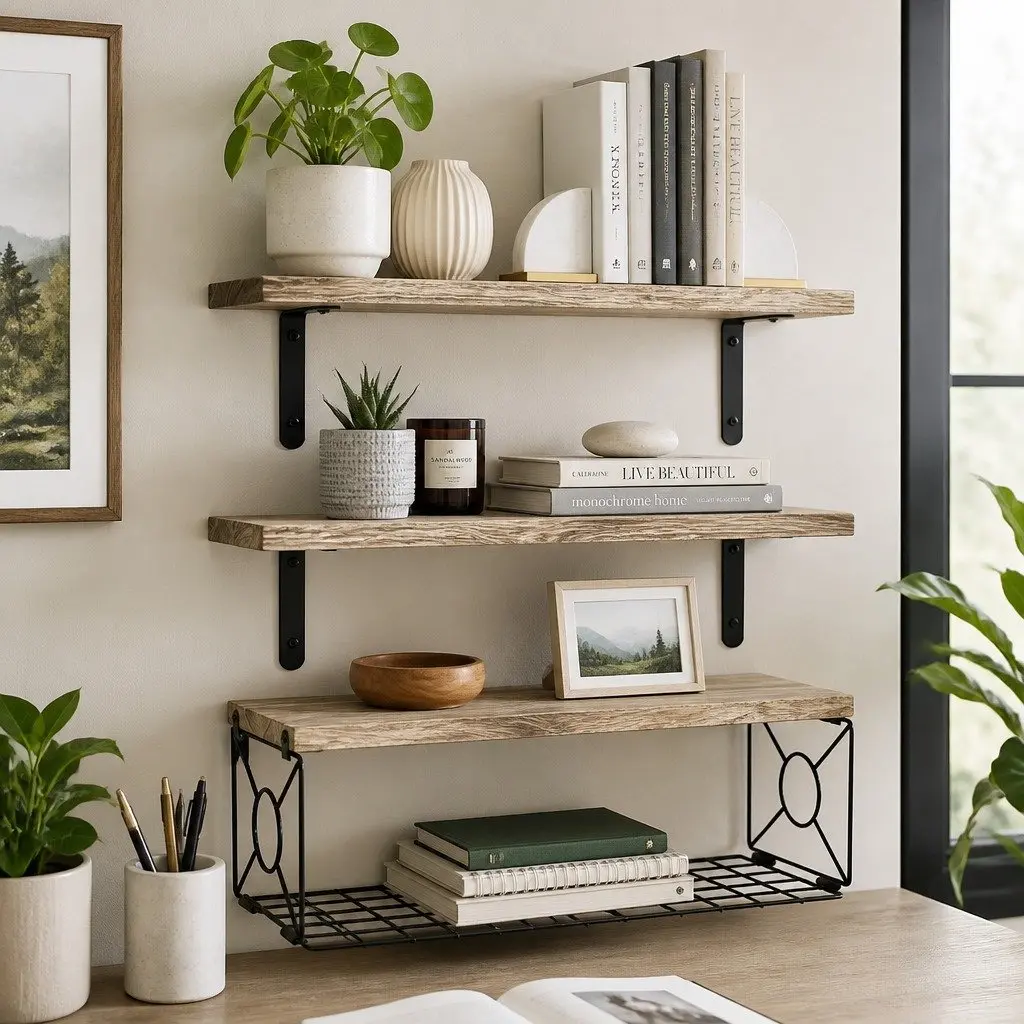 Floating Wall Shelves Set 3 Piece Brown Paulownia Wood with Metal Brackets