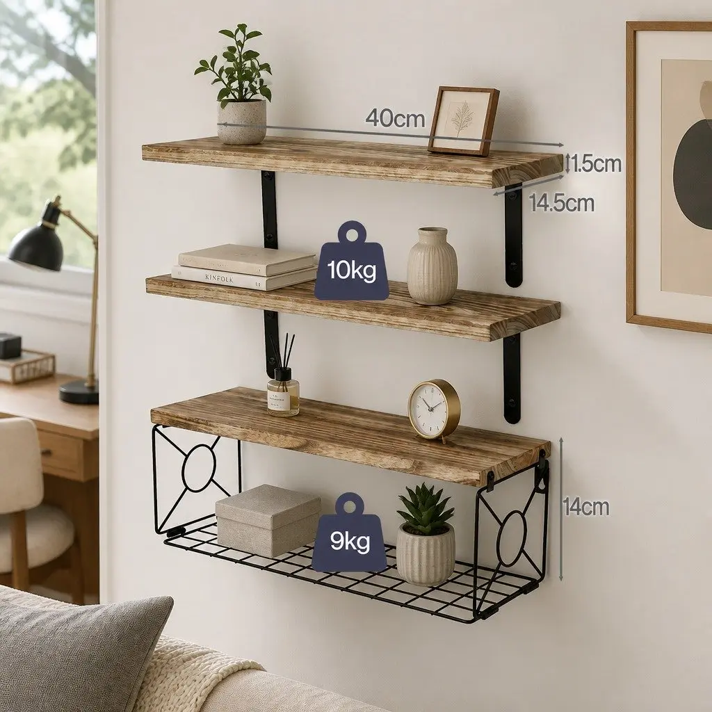 Floating Wall Shelves Set 3 Piece Brown Paulownia Wood with Metal Brackets