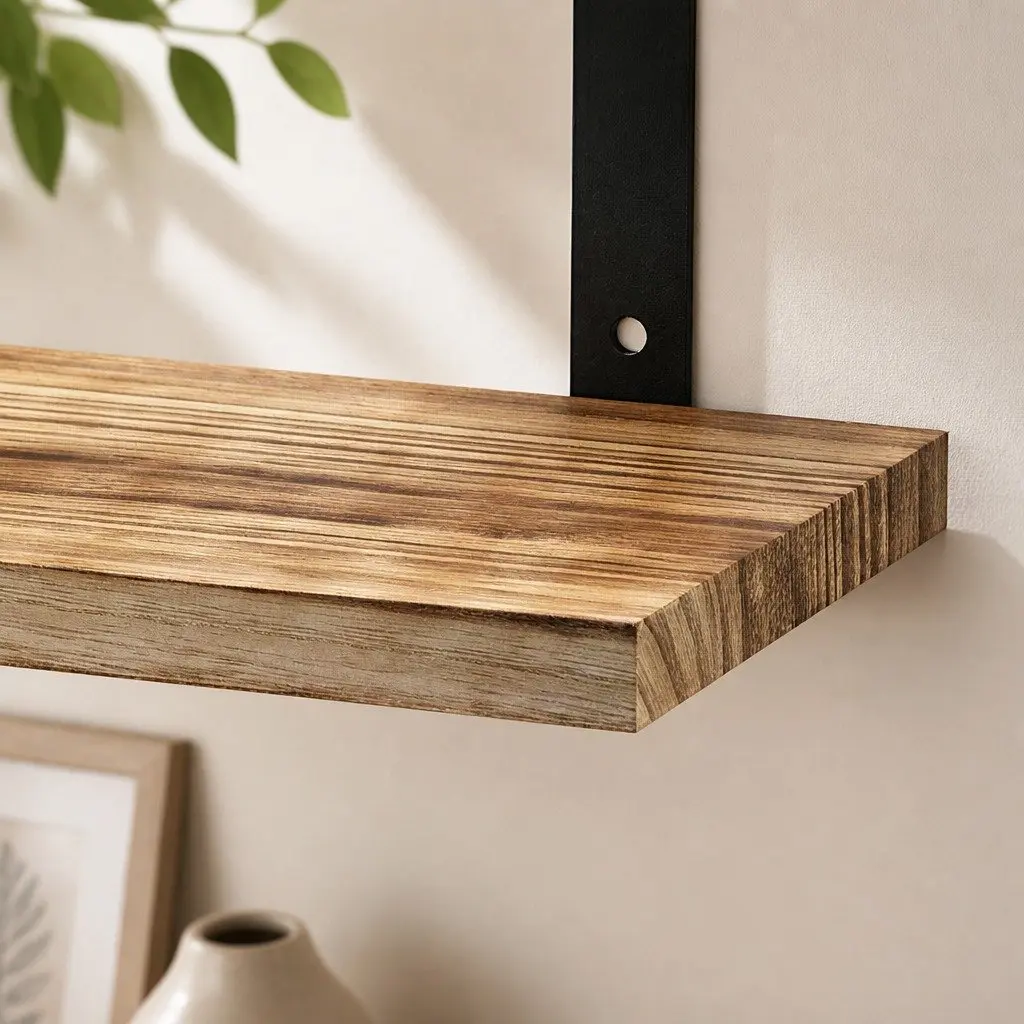 Floating Wall Shelves Set 3 Piece Brown Paulownia Wood with Metal Brackets