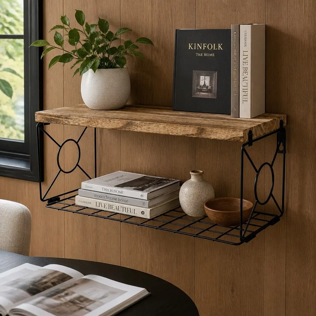Floating Wall Shelves Set 3 Piece Brown Paulownia Wood with Metal Brackets