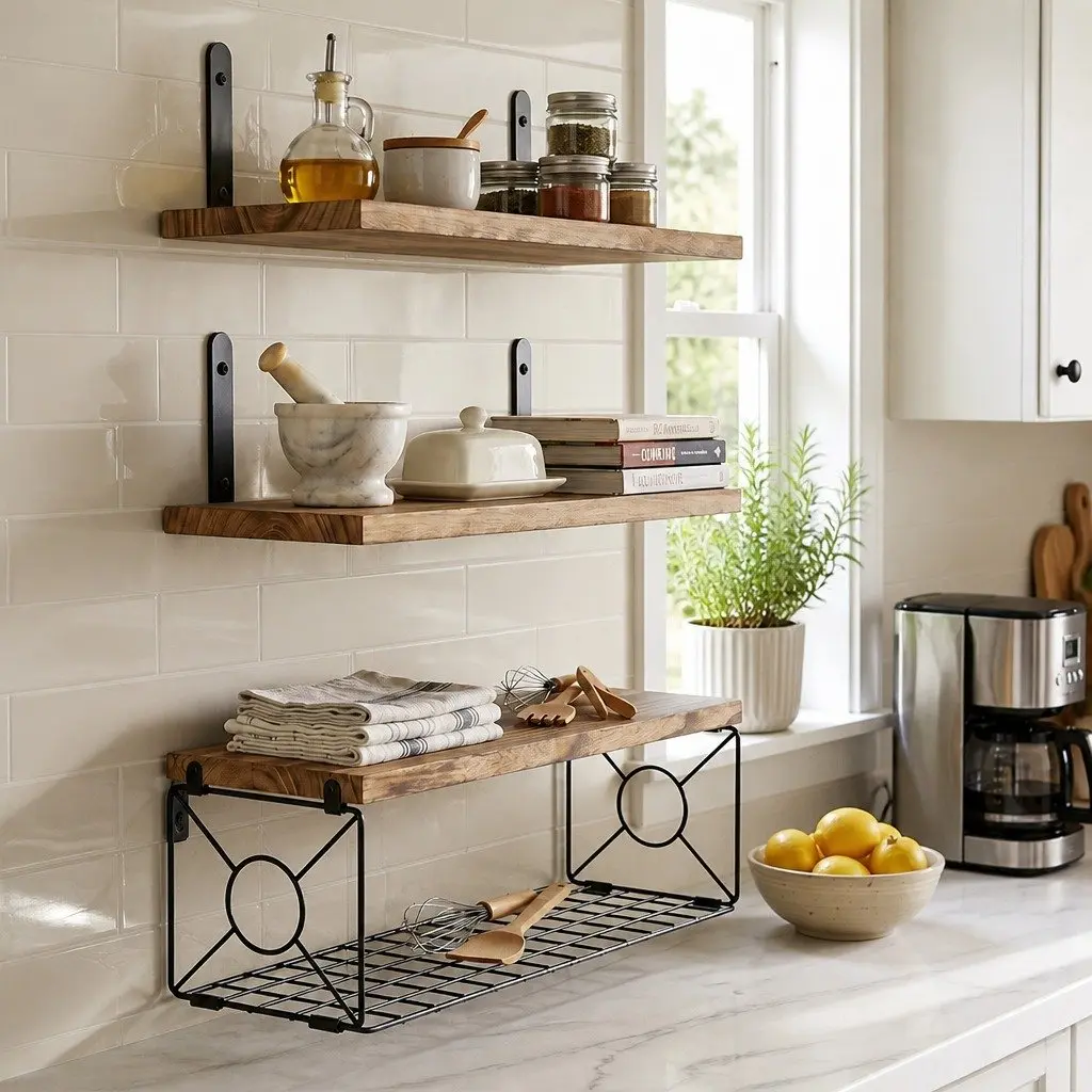 Floating Wall Shelves Set 3 Piece Brown Paulownia Wood with Metal Brackets