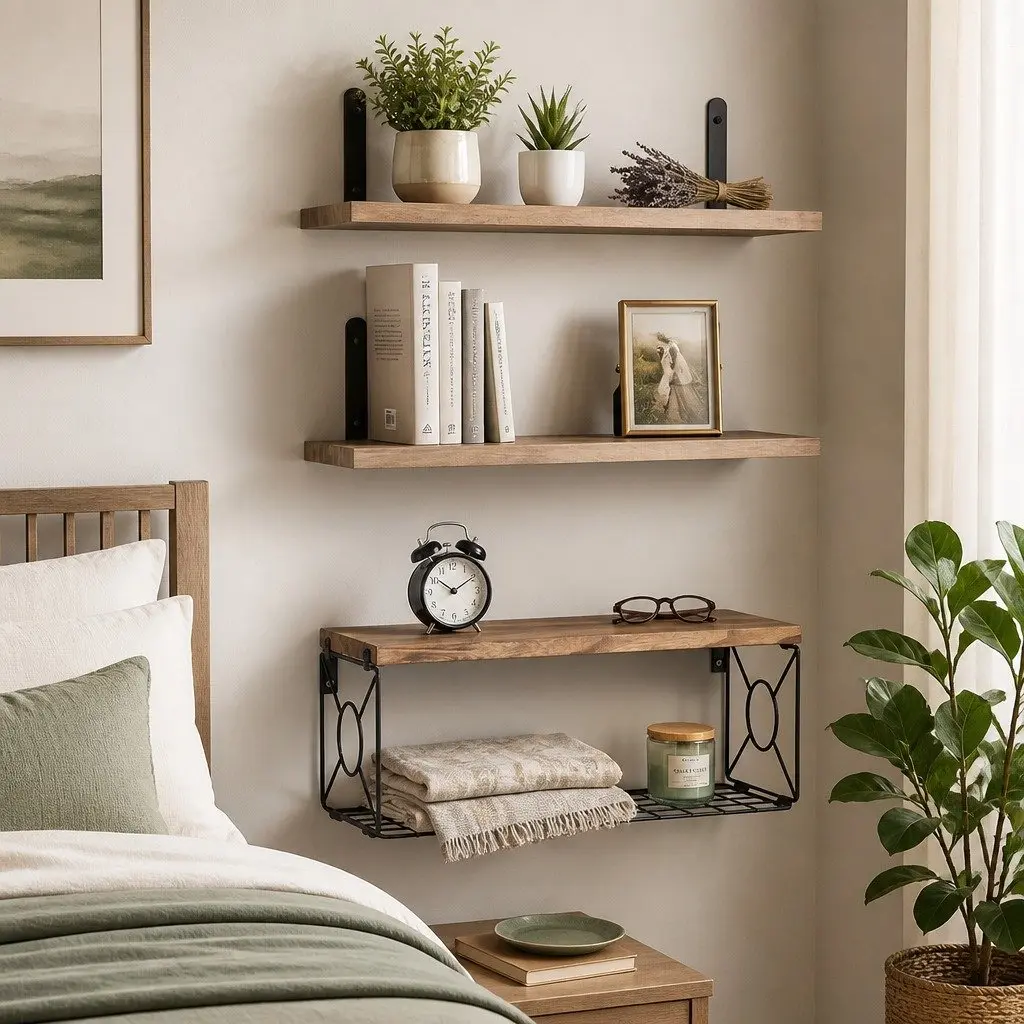 Floating Wall Shelves Set 3 Piece Brown Paulownia Wood with Metal Brackets