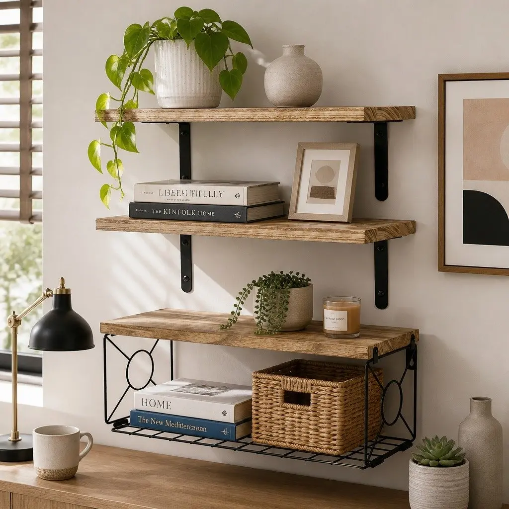 Floating Wall Shelves Set 3 Piece Brown Paulownia Wood with Metal Brackets