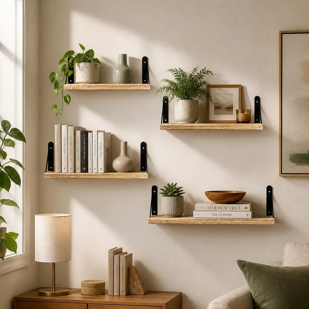 Floating Wall Shelves Rustic Wood 4 Piece Set Storage Display Rack