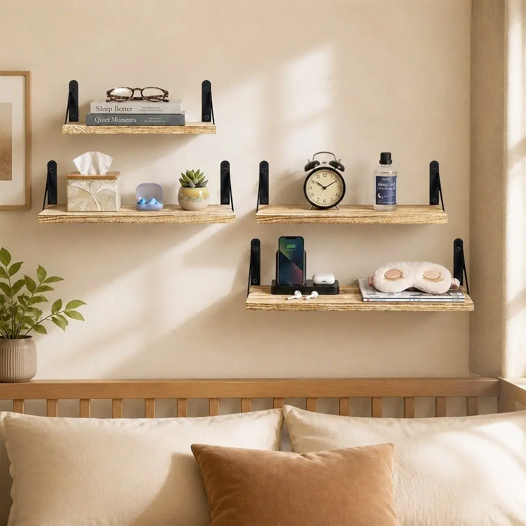 Floating Wall Shelves Rustic Wood 4 Piece Set Storage Display Rack