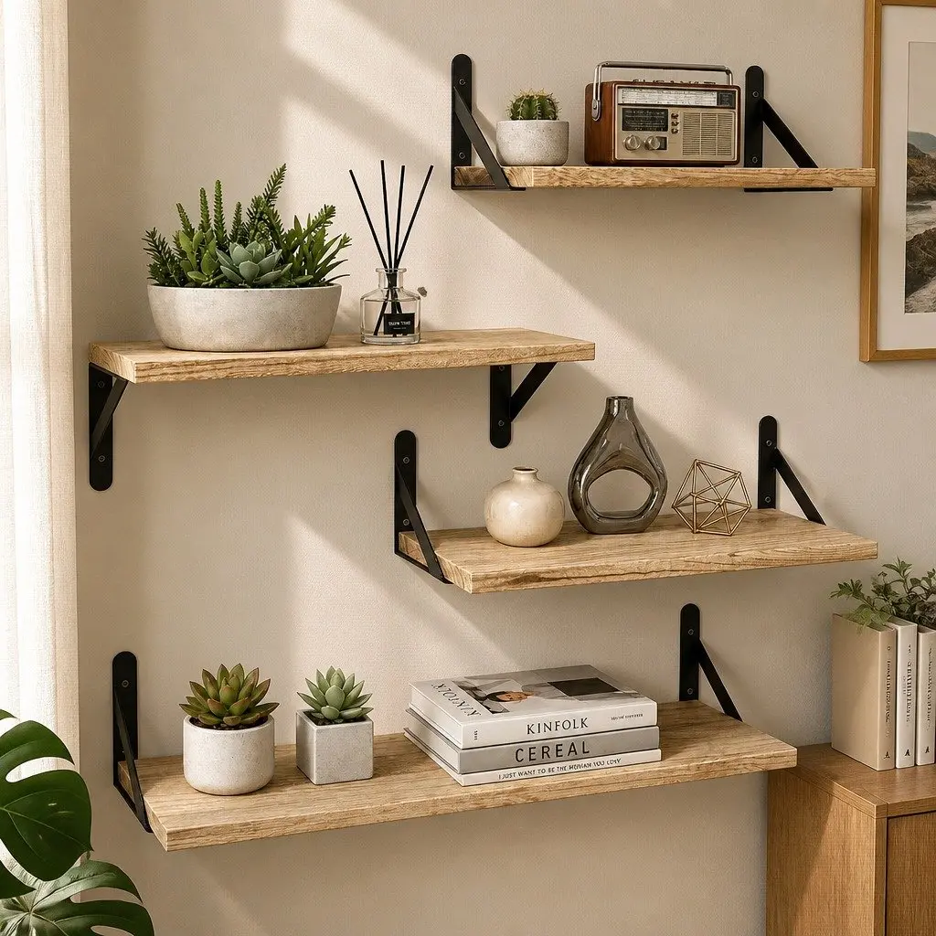 Floating Wall Shelves Rustic Wood 4 Piece Set Storage Display Rack