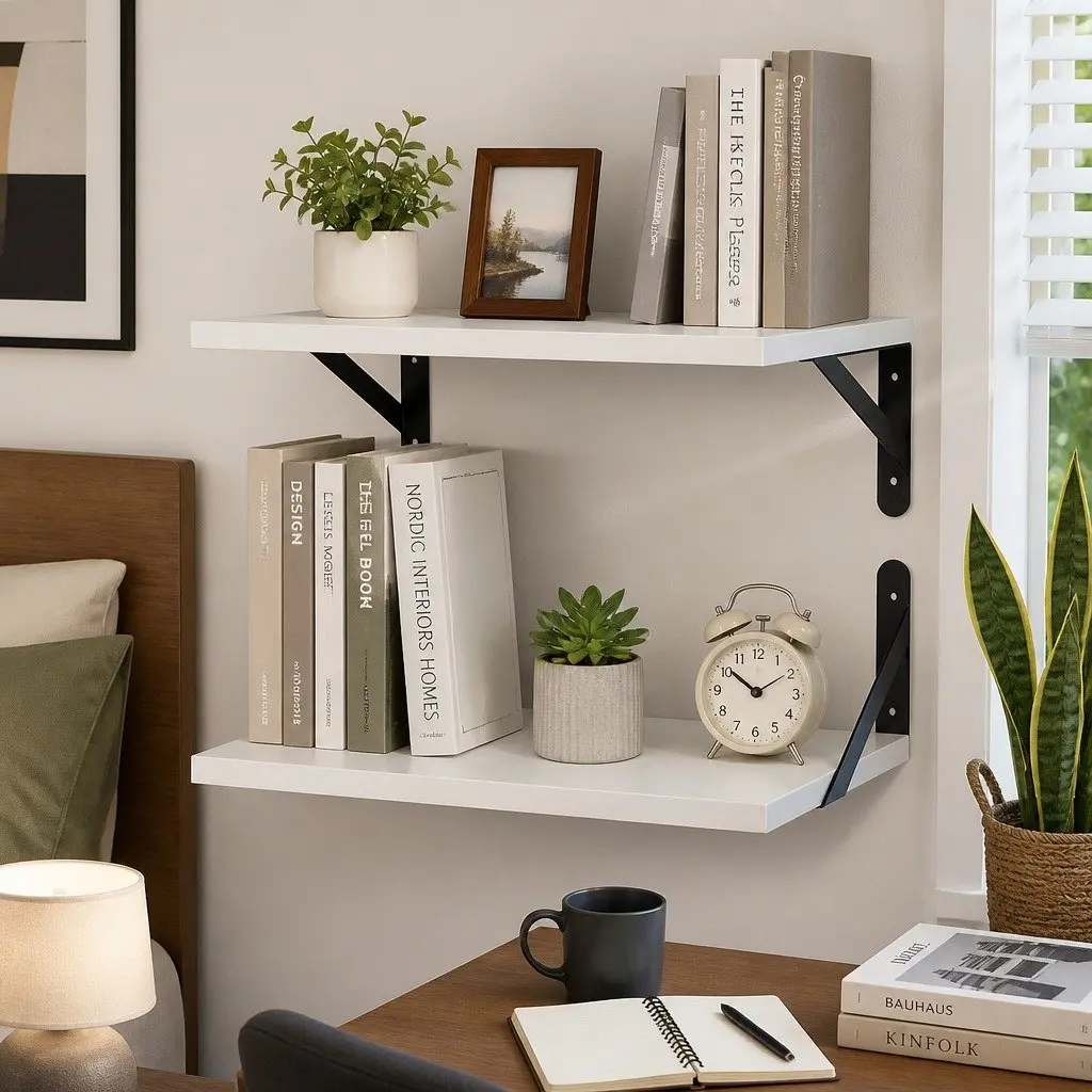 Floating Wall Shelves Deep Mounted 39.5cm x 30cm Chipboard with Iron Brackets