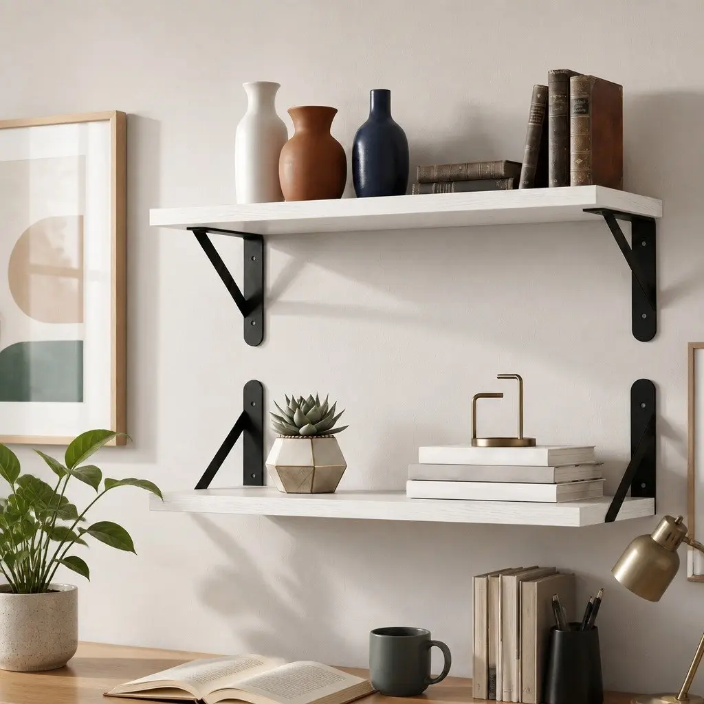 Floating Wall Shelves Deep Mounted 39.5cm x 30cm Chipboard with Iron Brackets