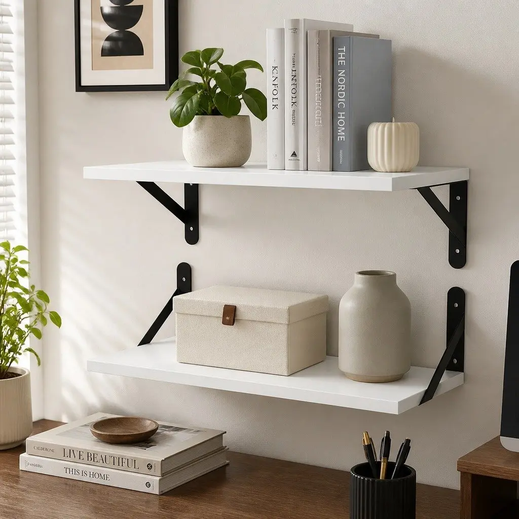 Floating Wall Shelves Deep Mounted 39.5cm x 30cm Chipboard with Iron Brackets