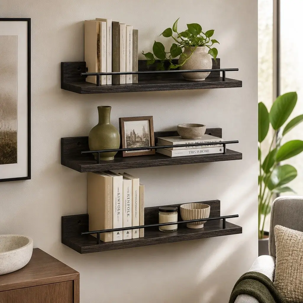 Set of 3 Floating Wall Shelves with Guard Rail