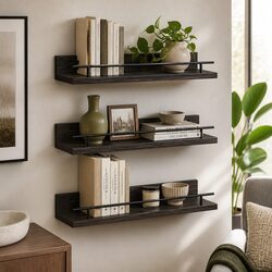 Set of 3 Floating Wall Shelves with Guard Rail