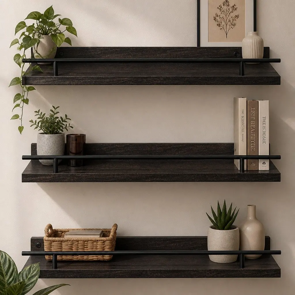 Floating Wall Shelves Set of 3 Black Paulownia Wood with Metal Brackets Wall Mounted Storage Display Rack