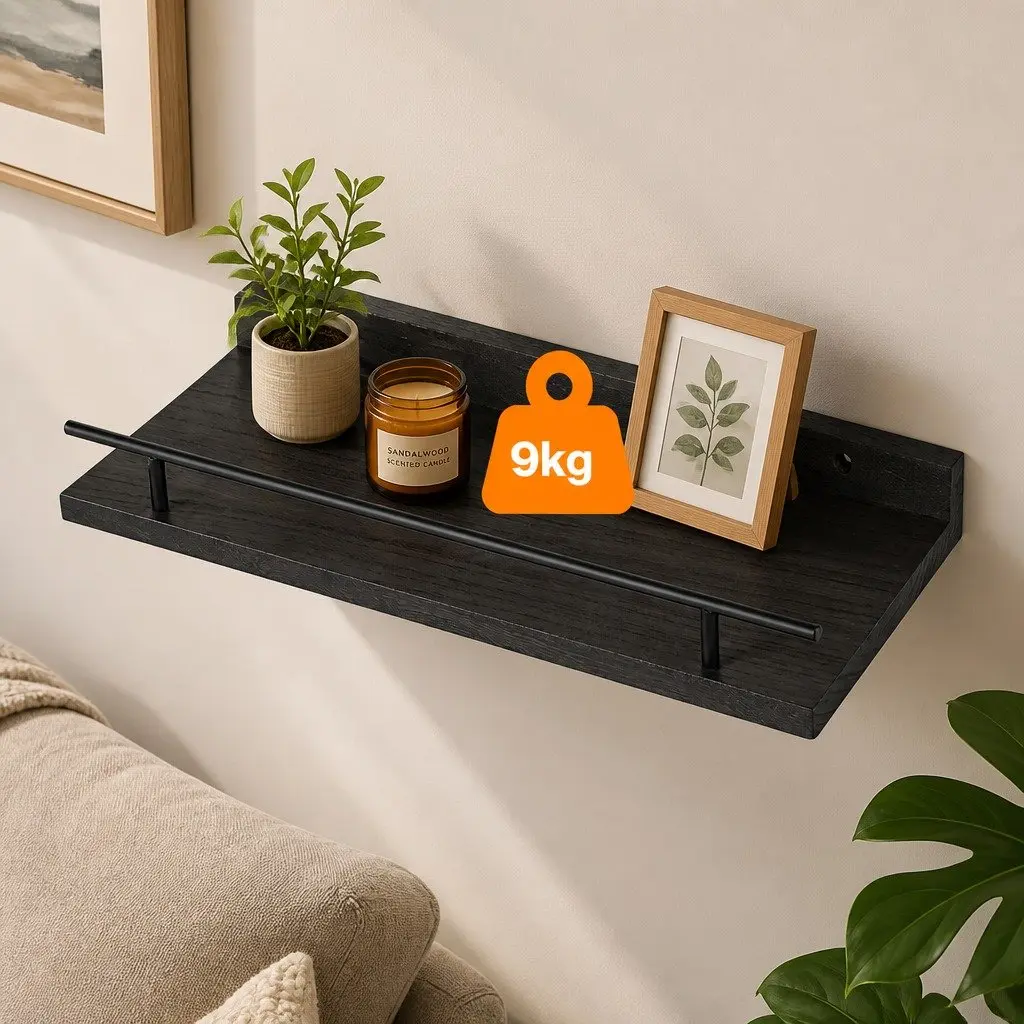 Floating Wall Shelves Set of 3 Black Paulownia Wood with Metal Brackets Wall Mounted Storage Display Rack