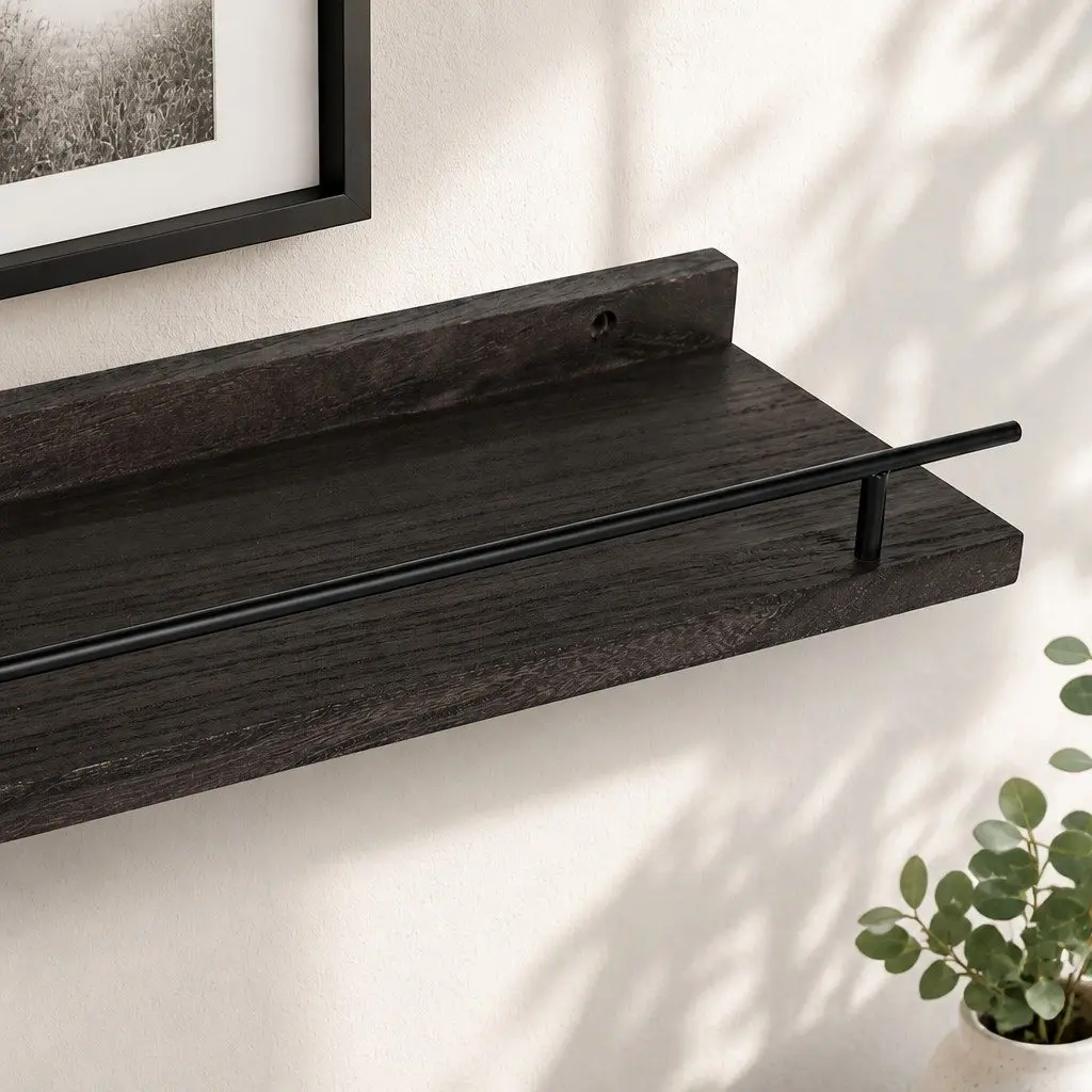 Floating Wall Shelves Set of 3 Black Paulownia Wood with Metal Brackets Wall Mounted Storage Display Rack
