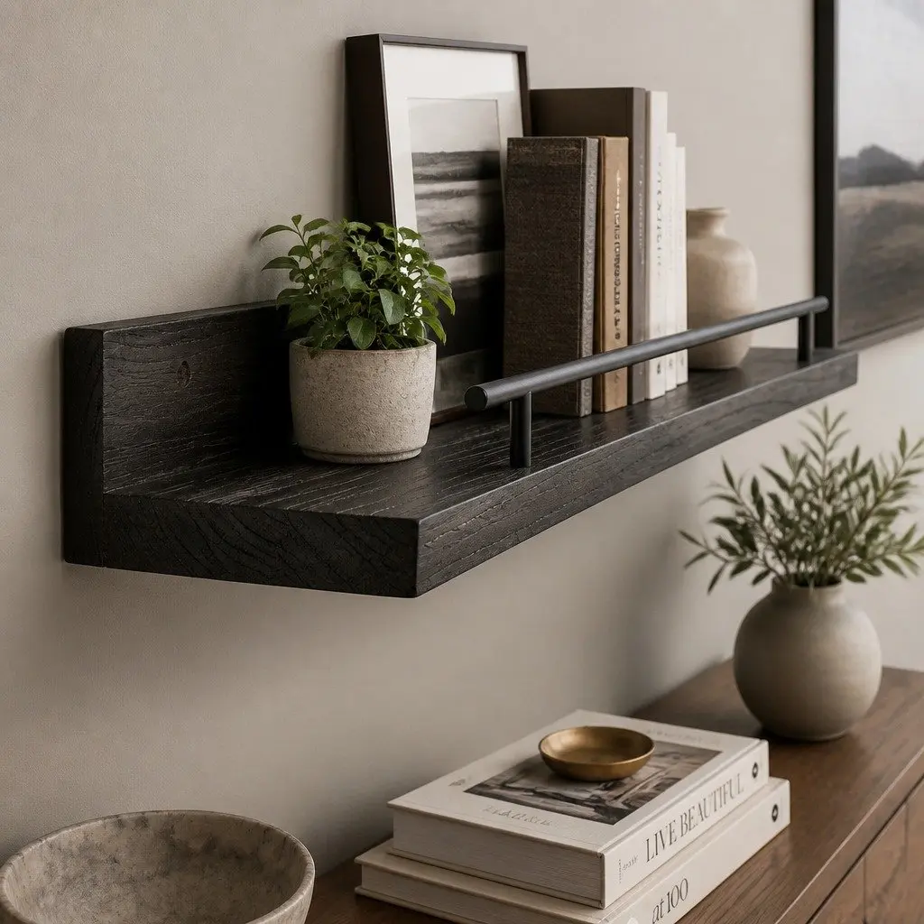 Floating Wall Shelves Set of 3 Black Paulownia Wood with Metal Brackets Wall Mounted Storage Display Rack
