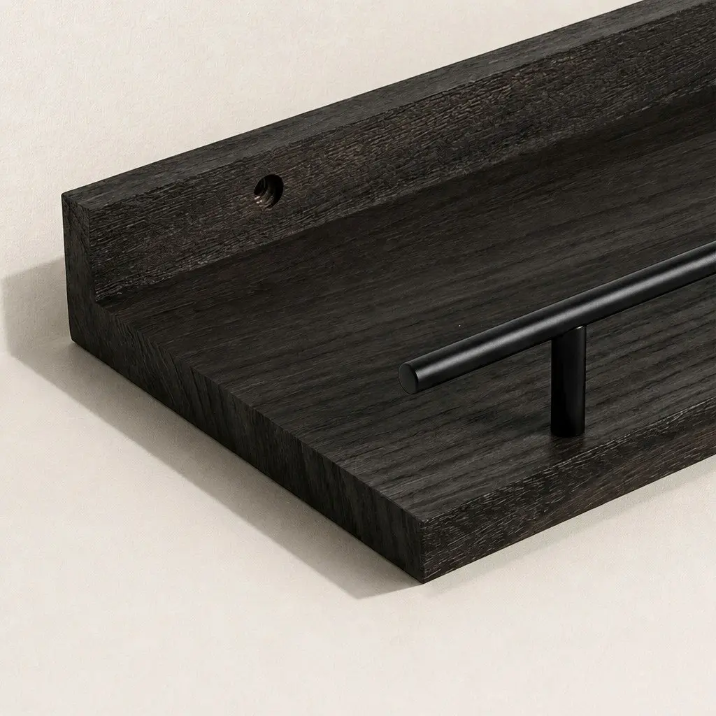 Floating Wall Shelves Set of 3 Black Paulownia Wood with Metal Brackets Wall Mounted Storage Display Rack