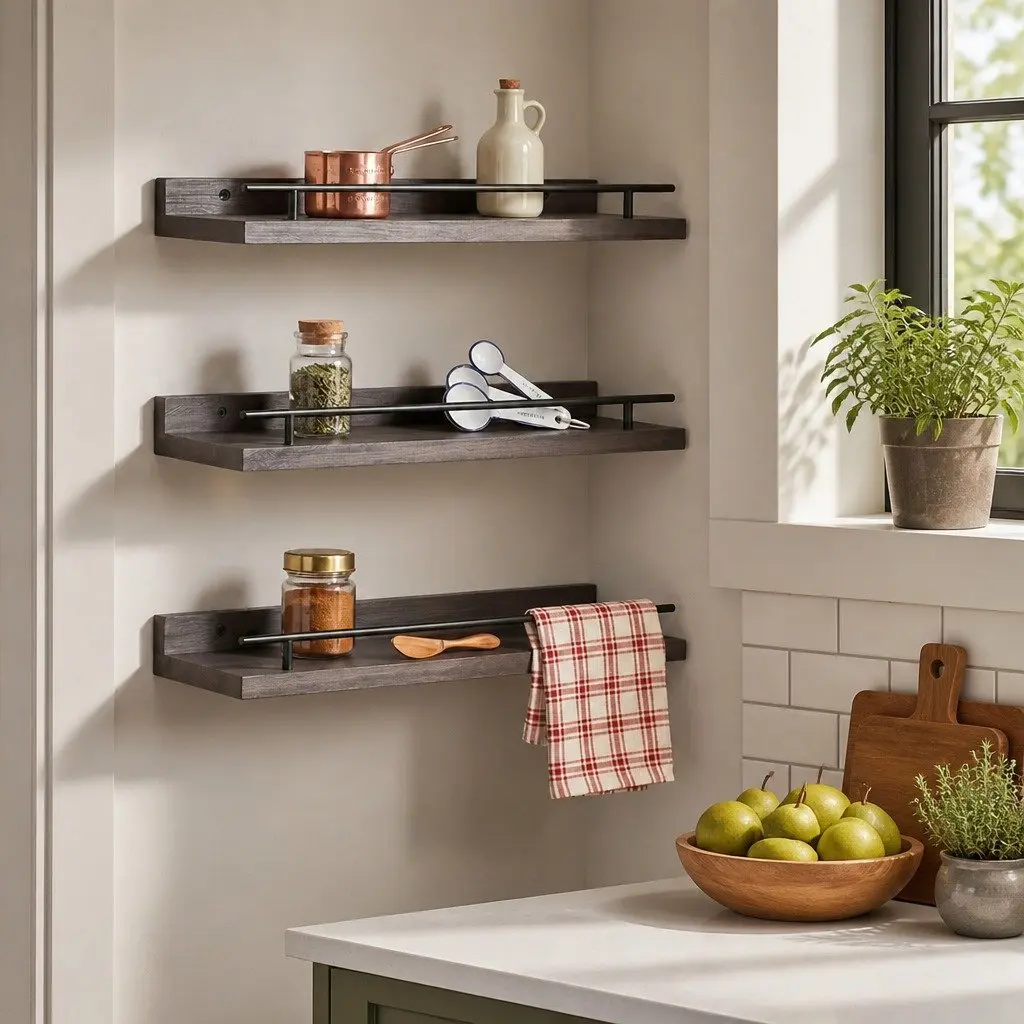 Floating Wall Shelves Set of 3 Black Paulownia Wood with Metal Brackets Wall Mounted Storage Display Rack