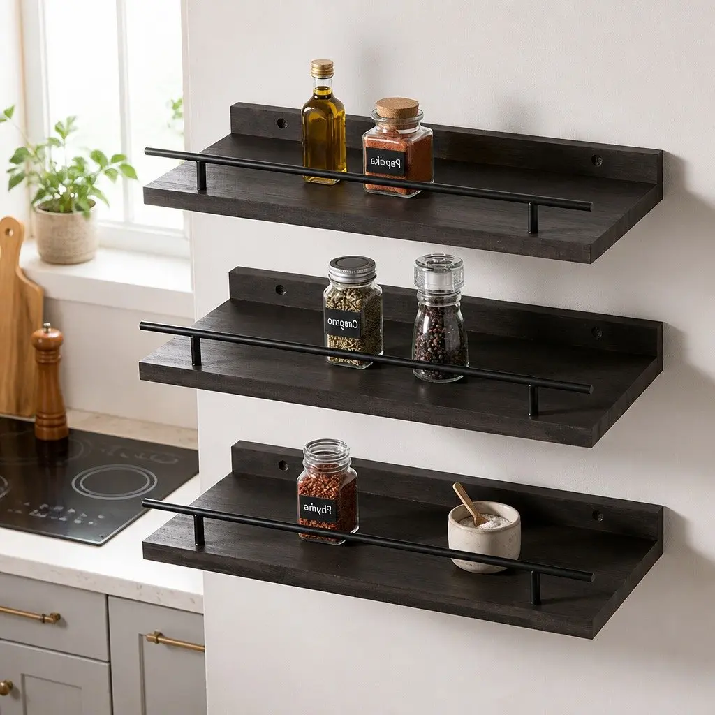 Floating Wall Shelves Set of 3 Black Paulownia Wood with Metal Brackets Wall Mounted Storage Display Rack