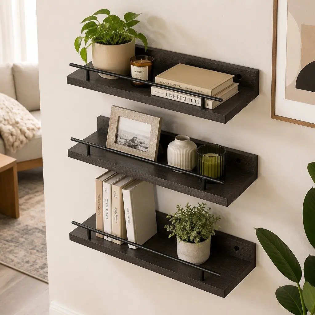 Floating Wall Shelves Set of 3 Black Paulownia Wood with Metal Brackets Wall Mounted Storage Display Rack