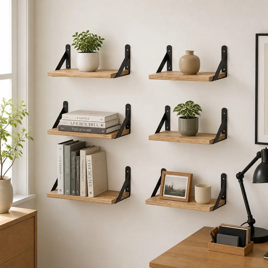Set of 6 Wooden Floating Wall Shelves for Home