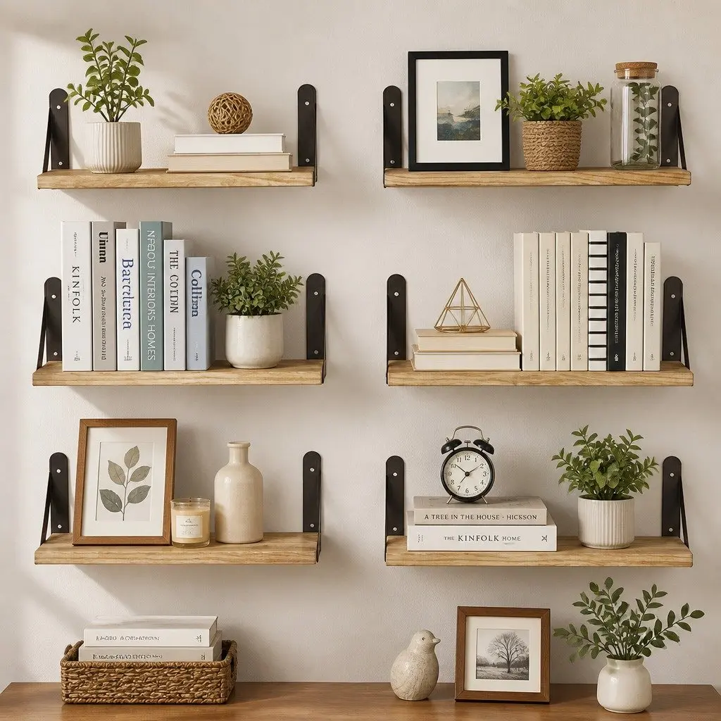 Floating Wall Shelves Set of 6 Rustic Brown Paulownia Wood Wall Mounted Display Storage