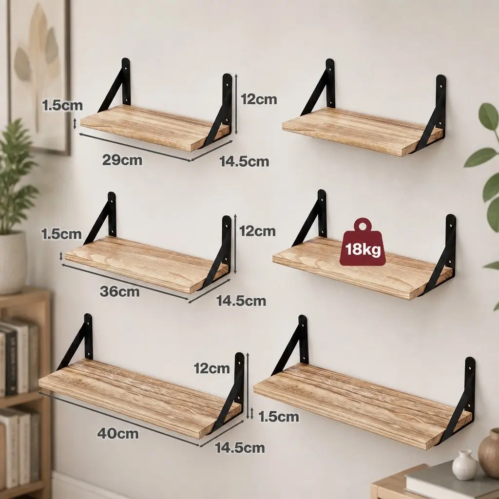 Floating Wall Shelves Set of 6 Rustic Brown Paulownia Wood Wall Mounted Display Storage