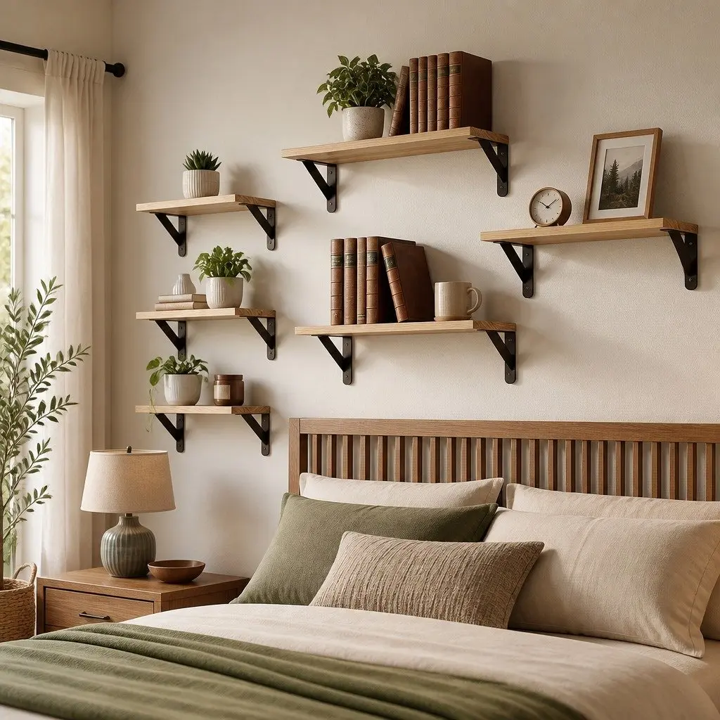 Floating Wall Shelves Set of 6 Rustic Brown Paulownia Wood Wall Mounted Display Storage